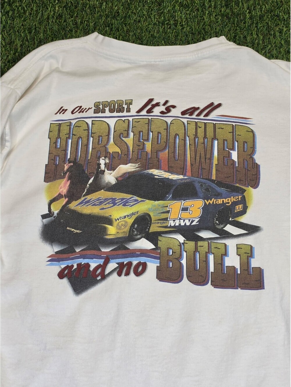 Vintage Wrangler Racing Long Sleeve T-Shirt with Horsepower Graphic, Size Large